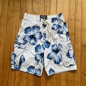 Abercrombie Fitch Mens Medium Swim Trunks Shorts White Blue Floral Cargo Pockets